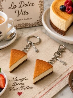 Italian New York Cheesecake Keychain or Bag Clip | Handmade Dessert Accessory